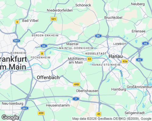 Karte von Mühlheim am Main mit unseren Einsatzgebieten