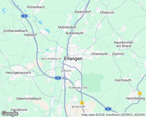Karte von Erlangen mit unseren Einsatzgebieten